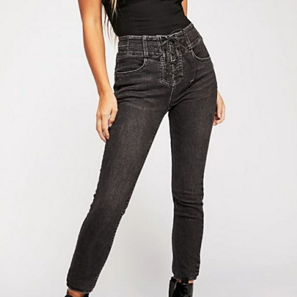 Free People CRVY High Rise Lace Up Skinny Jeans